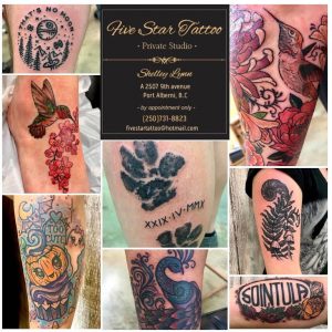 Five Star Tattoo in Port Alberni has been open for 14 years and offers clients an immaculate private studio. Bookings available any days, evenings and weekends.