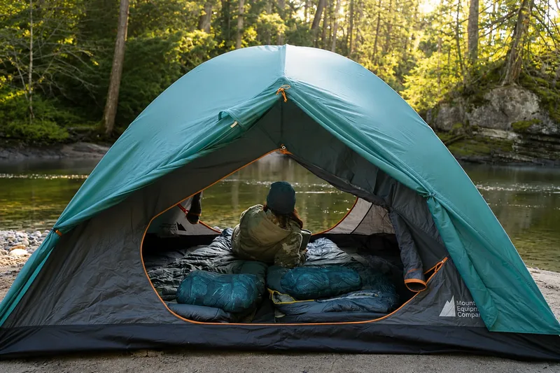 Camping tent set up beside a river using rental camping equipment from Alberni Adventure Gear