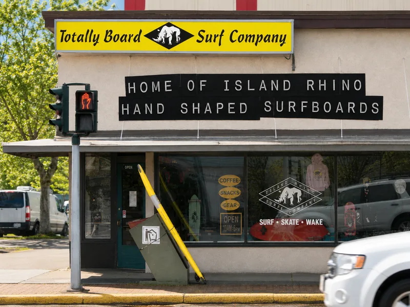 Exterior of Totally Board Surf Company surf shop in downtown Port Alberni