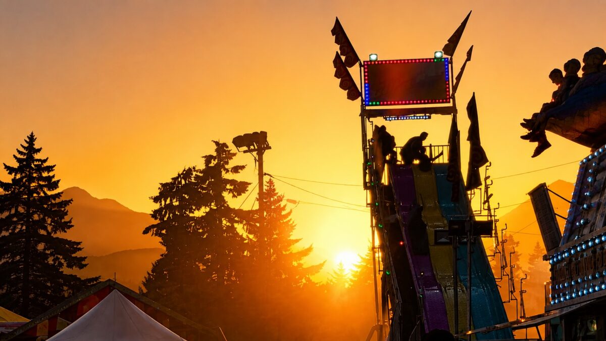 Midway slide silhouetted against a sunset at the Alberni District Fall Fair in Port Alberni.