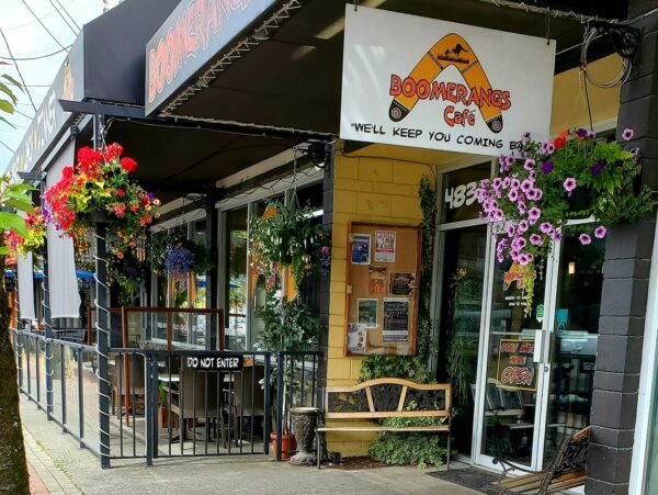 Enjoy people-watching on the patio at Boomerangs Café in Port Alberni