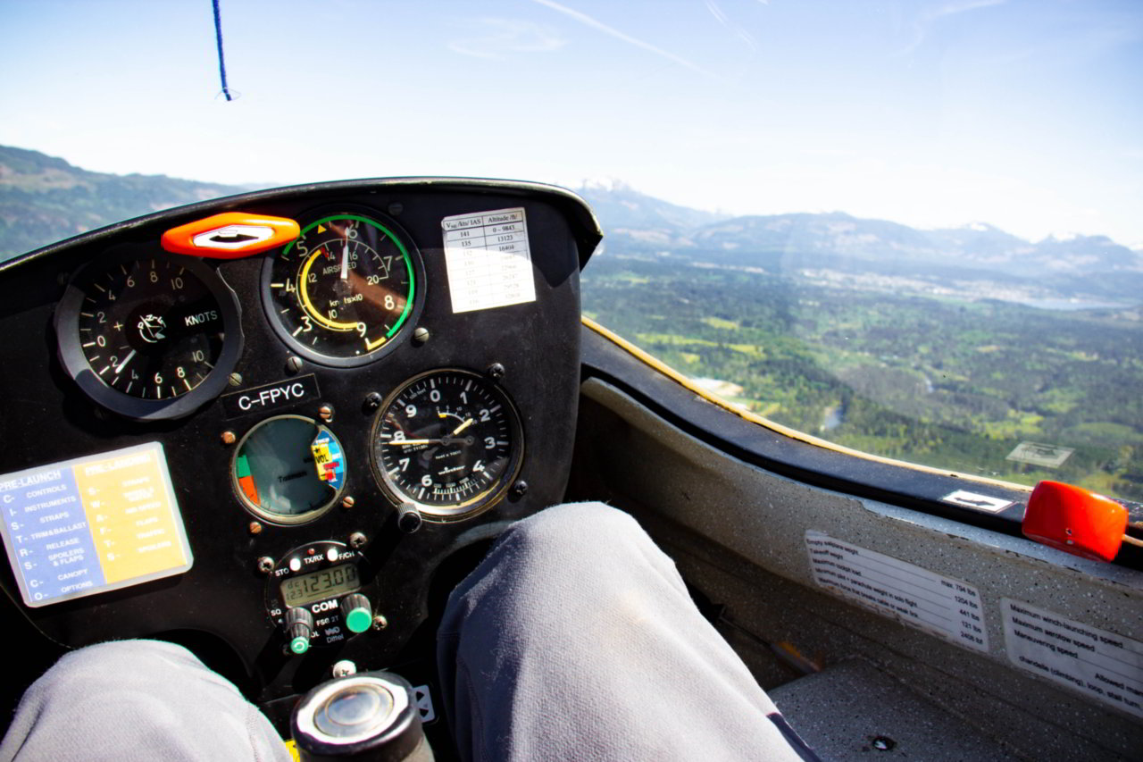 View from the cockpit of a glider overlooking the Alberni Valley