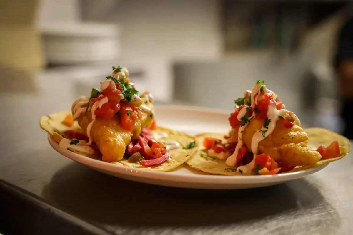 Crispy cod tacos topped with fresh tomato salsa, pickled onions, and creamy sauce, served on corn tortillas at Bare Bones Fish House in Port Alberni.