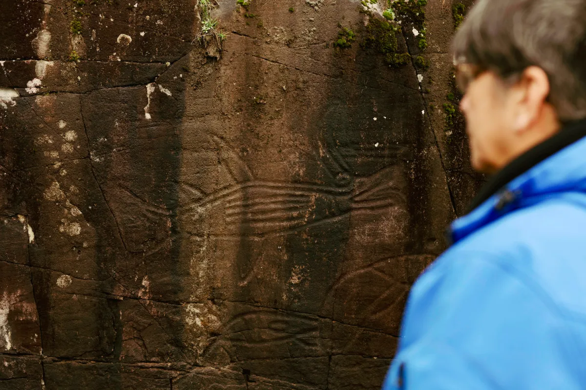 Hupačasath First Nation Elected Chief Councillor Brandy Lauder walks to the petroglyphs at Sproat Lake, near Port Alberni, on December 11, 2023.