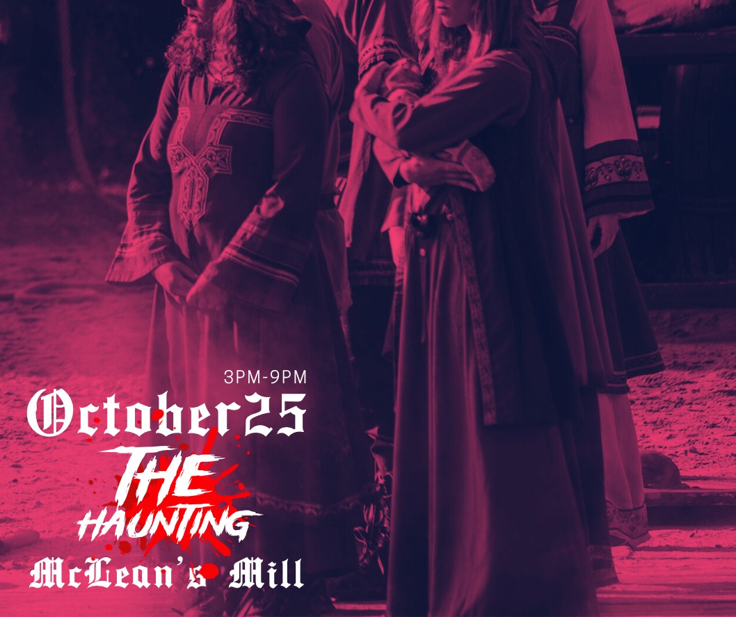 Promotional poster for The Haunting at McLean Mill in Port Alberni, showing people in costume under red lighting with event details: October 25, 3 PM to 9 PM.