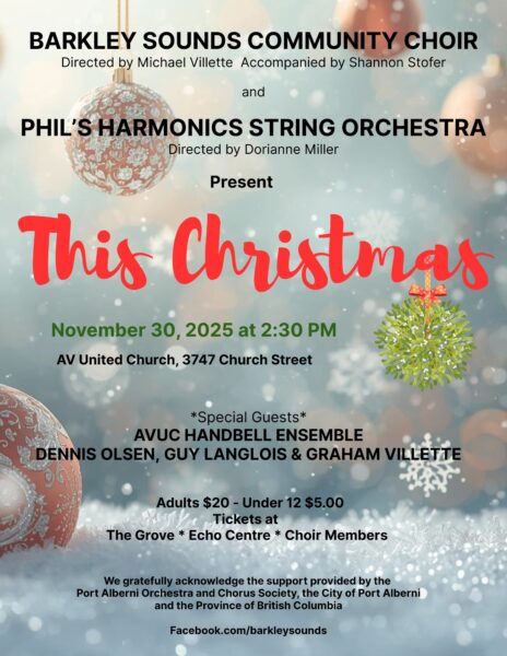 Poster for This Christmas featuring Barkley Sounds Community Choir and Phil’s Harmonics String Orchestra with event details for November 30 at AV United Church.