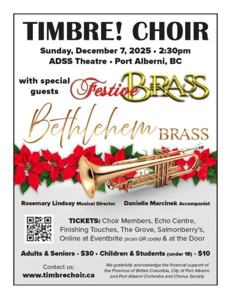 Poster for Timbre! Choir Christmas concert featuring Festive Brass and Bethlehem Brass with event details for December 7 at ADSS Theatre.