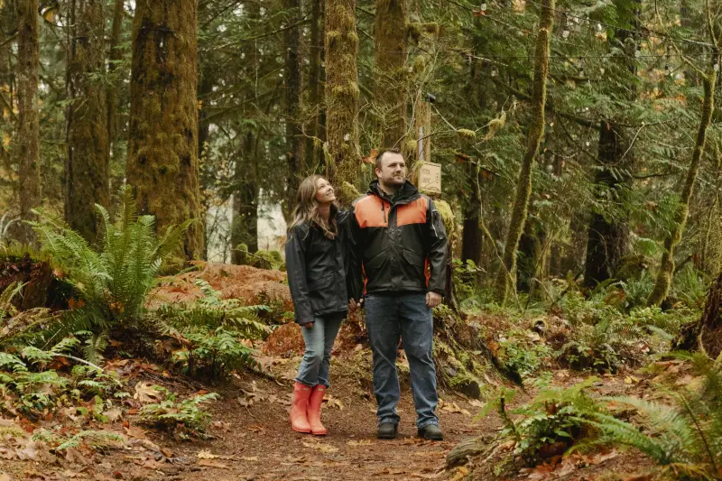 Couple enjoying a scenic Valentine's Day walk through Alberni Valley forest trails