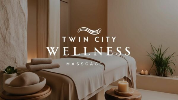 Massage table in a relaxing setting with Twin City Wellness Massage logo overlay.
