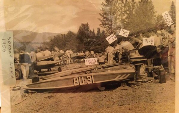 Black-and-white photo of vintage hydroplane boat at Sproat Lake in the 1950s.