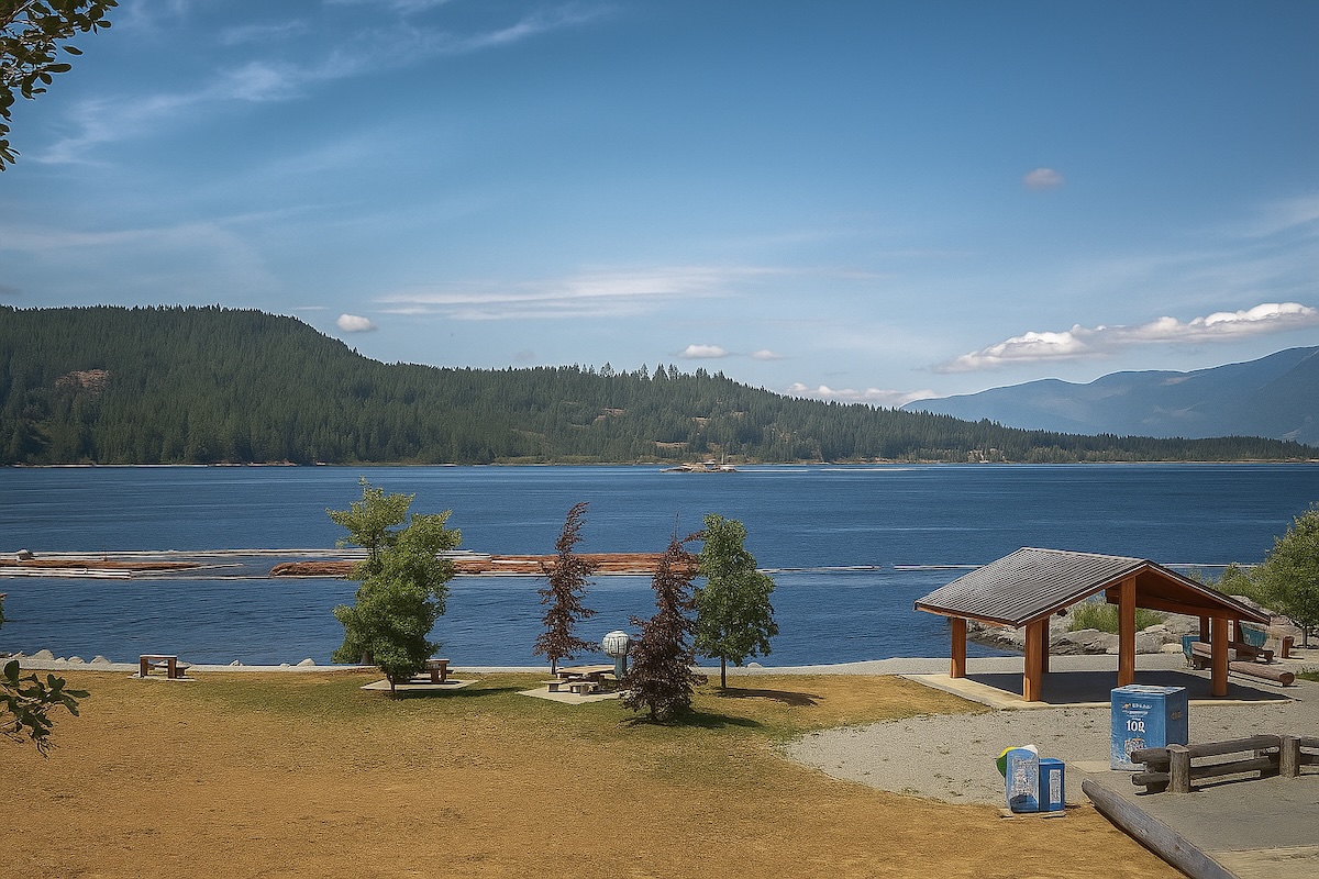View of Canal Beach in Port Alberni featuring picnic tables, a covered shelter, and clear blue water with forested hills in the background.