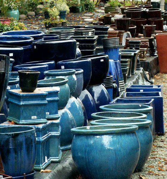 Rows of colourful clay and ceramic garden pots in various sizes on display at Naesgaard’s Farm & Market.