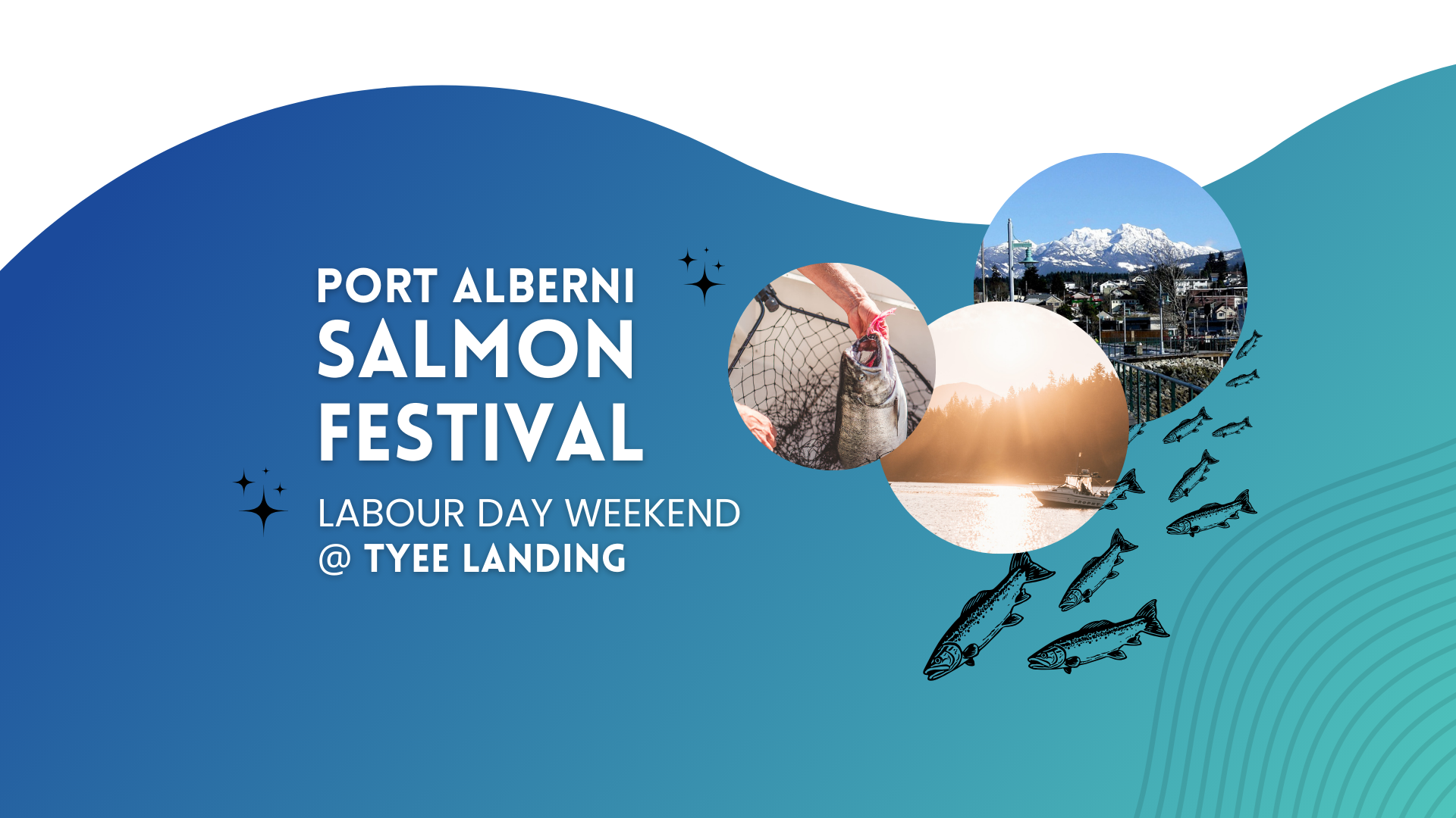 Graphic banner for Port Alberni Salmon Festival—Labour Day Weekend at Tyee Landing—with fishing, harbour, and city photos on a blue wave background.