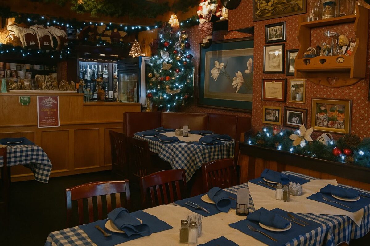 A cozy, holiday-decorated dining room with festive lights, traditional decor, and winter ambiance — evoking the warmth of Port Alberni’s local restaurants in colder months.