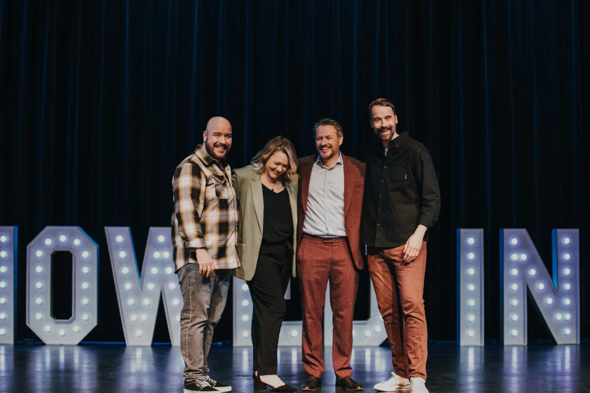 Performers from the Snowed In Comedy Tour standing on stage at the Capitol Theatre in Port Alberni
