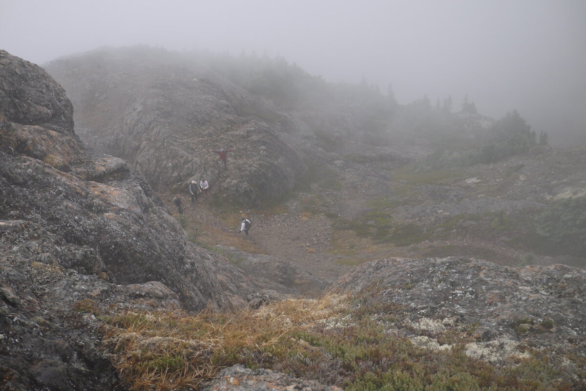 Hikers navigating rocky alpine terrain on Mount Arrowsmith in foggy conditions