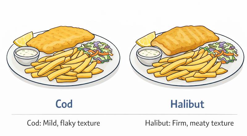 Illustration comparing cod and halibut fish and chips