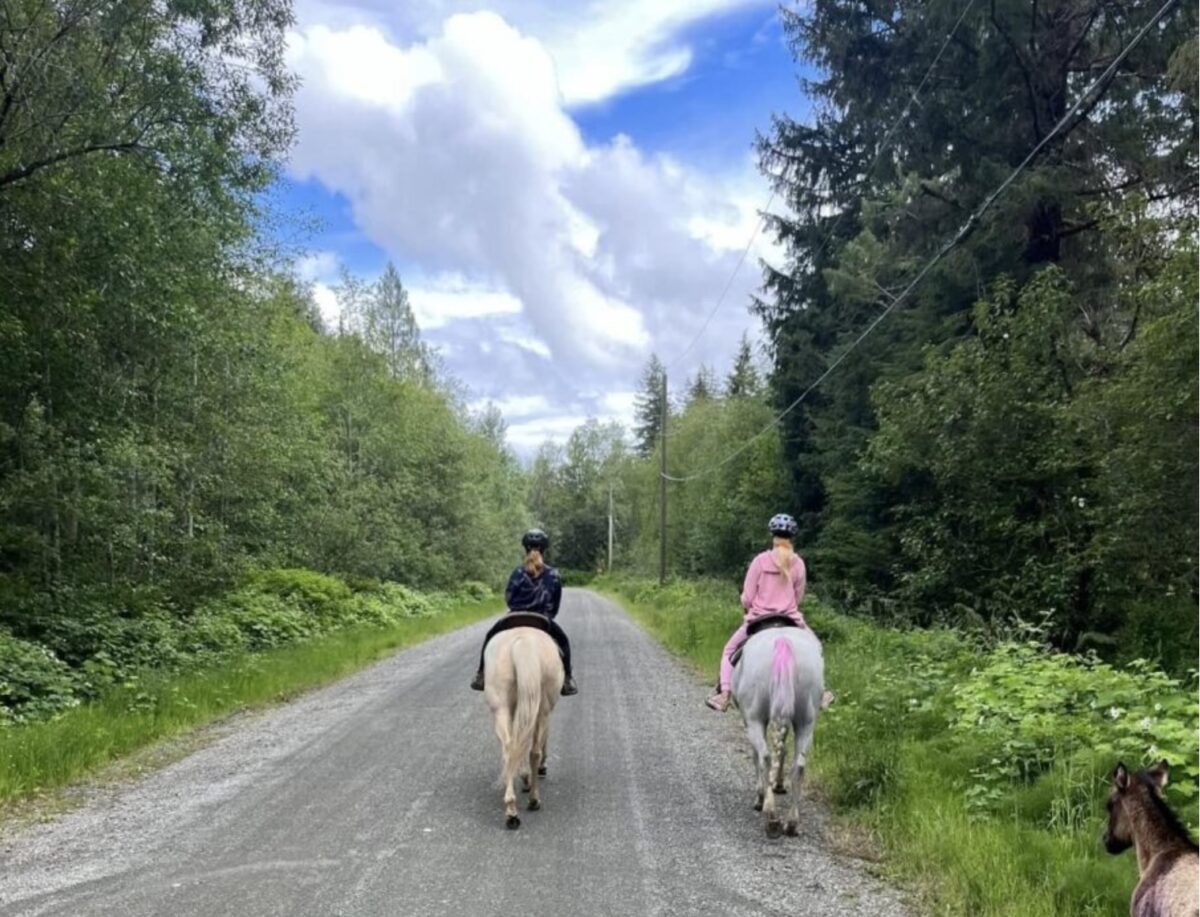 Visitors horseback riding on a forest trail in the Alberni Valley.