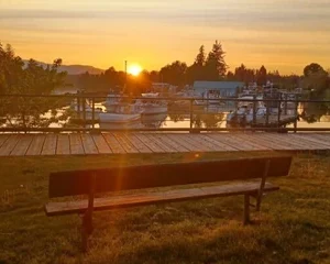 View from a park bench of the alberni inlet at sunset.