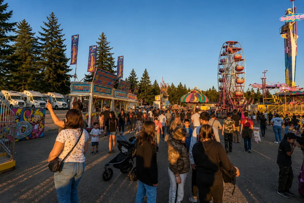 Families and fairgoers walk through the midway at the Alberni District Fall Fair in Port Alberni.