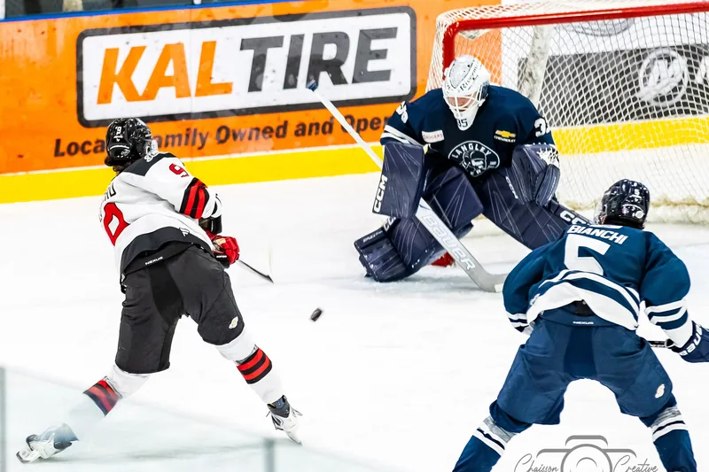 An Alberni Valley Bulldogs player takes a shot on goal during a hockey game at the Alberni Valley Multiplex.
