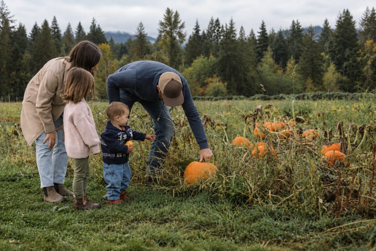 Family choosing pumpkins at Collins Farm at Arrowvale in the Alberni Valley