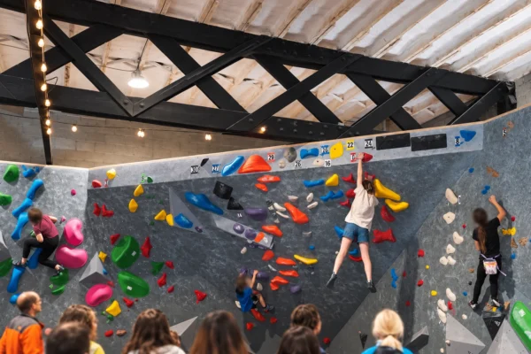 Climbers on the indoor bouldering walls at Bomber Boulders in Port Alberni