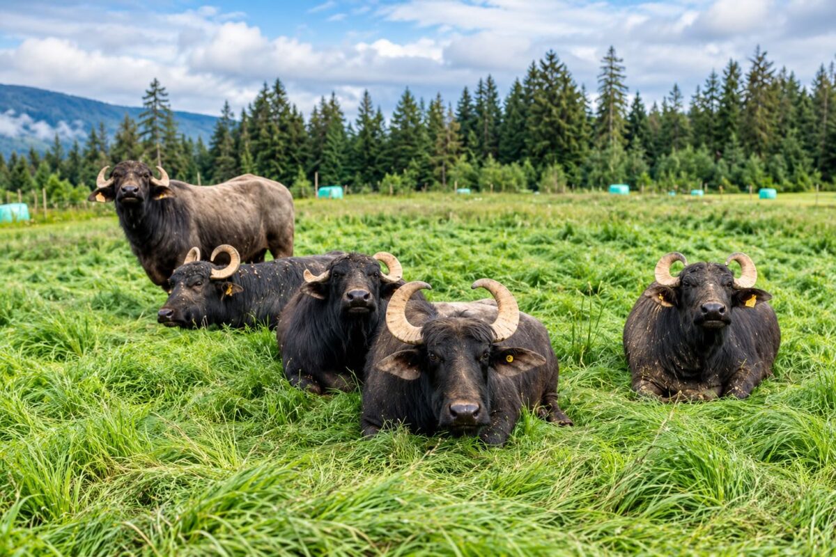 Water buffalo resting in a pasture at Coleman Meadows Farm in the Alberni Valley