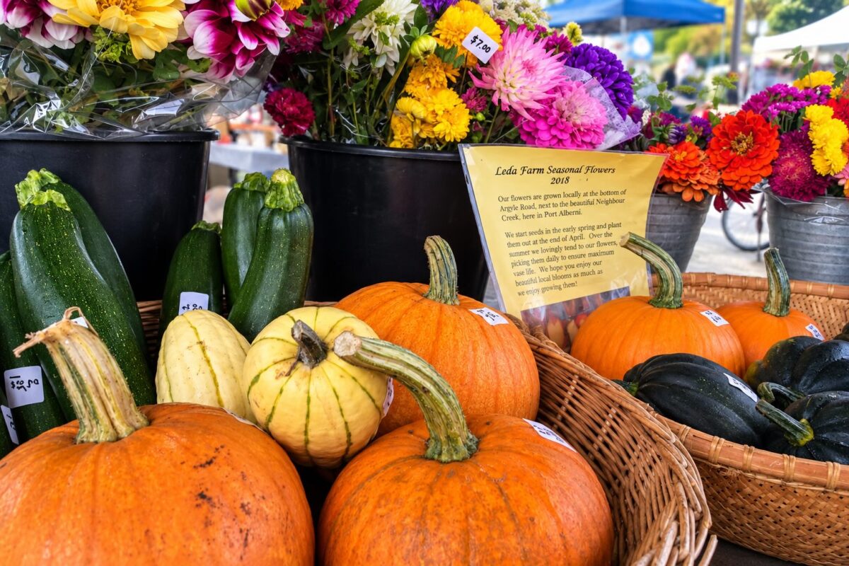 Pumpkins, squash and fresh flowers at Spirit Square Farmers’ Market in Port Alberni