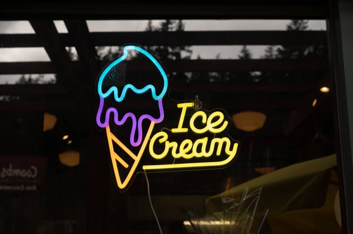 Neon ice cream sign at Harbour Quay in Port Alberni